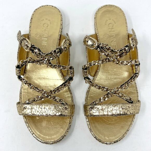 Chanel Gold Chain Flat Gladiator Sandals Size EU 37.5 - Picture 1 of 10